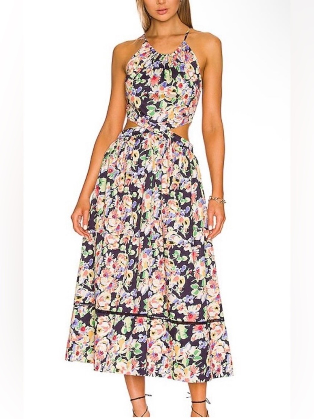 Revolve SOMETHING NAVY Floral Cut Out Midi Dress In Navy Floral NWOT 🌴